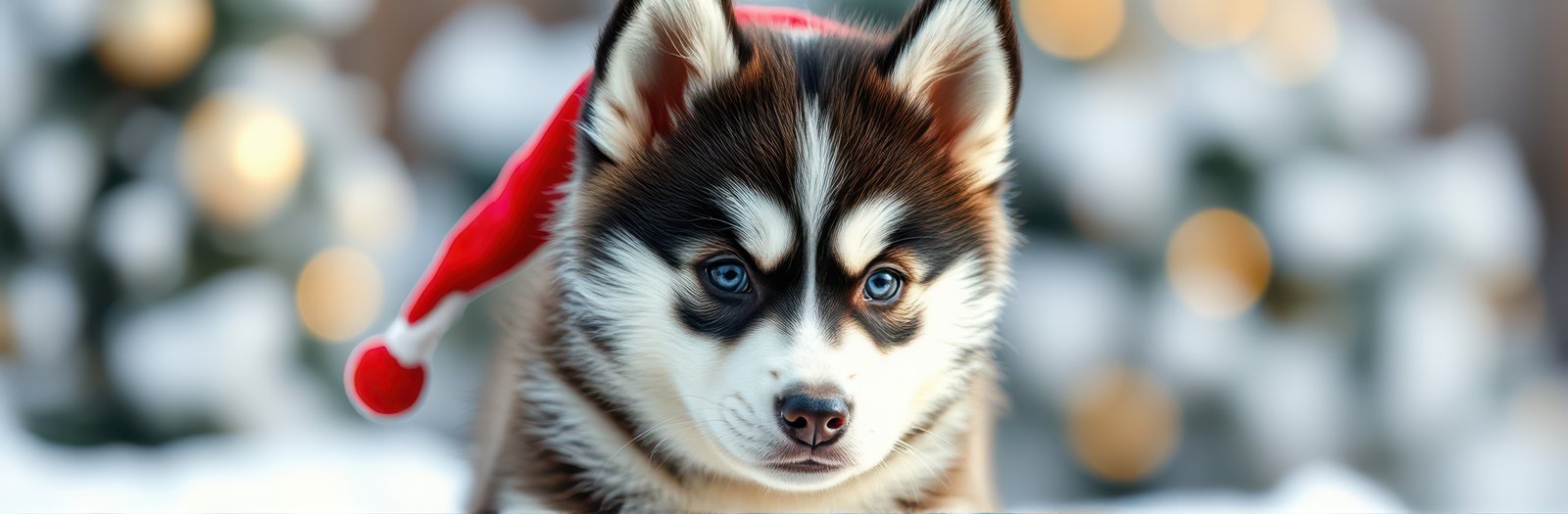Adorable Siberian Husky Puppy with Blue Eyes in Santa Hat: Cute and Fluffy Holiday Celebration in Winter Wonderland